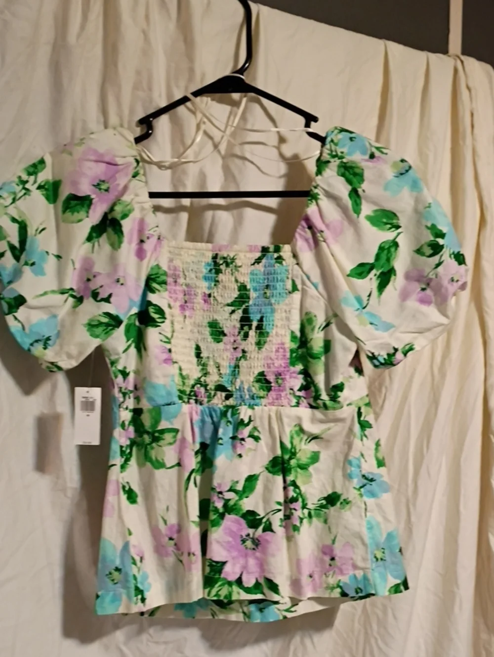 Old Navy White Floral Puff-Sleeve Square Neck Blouse